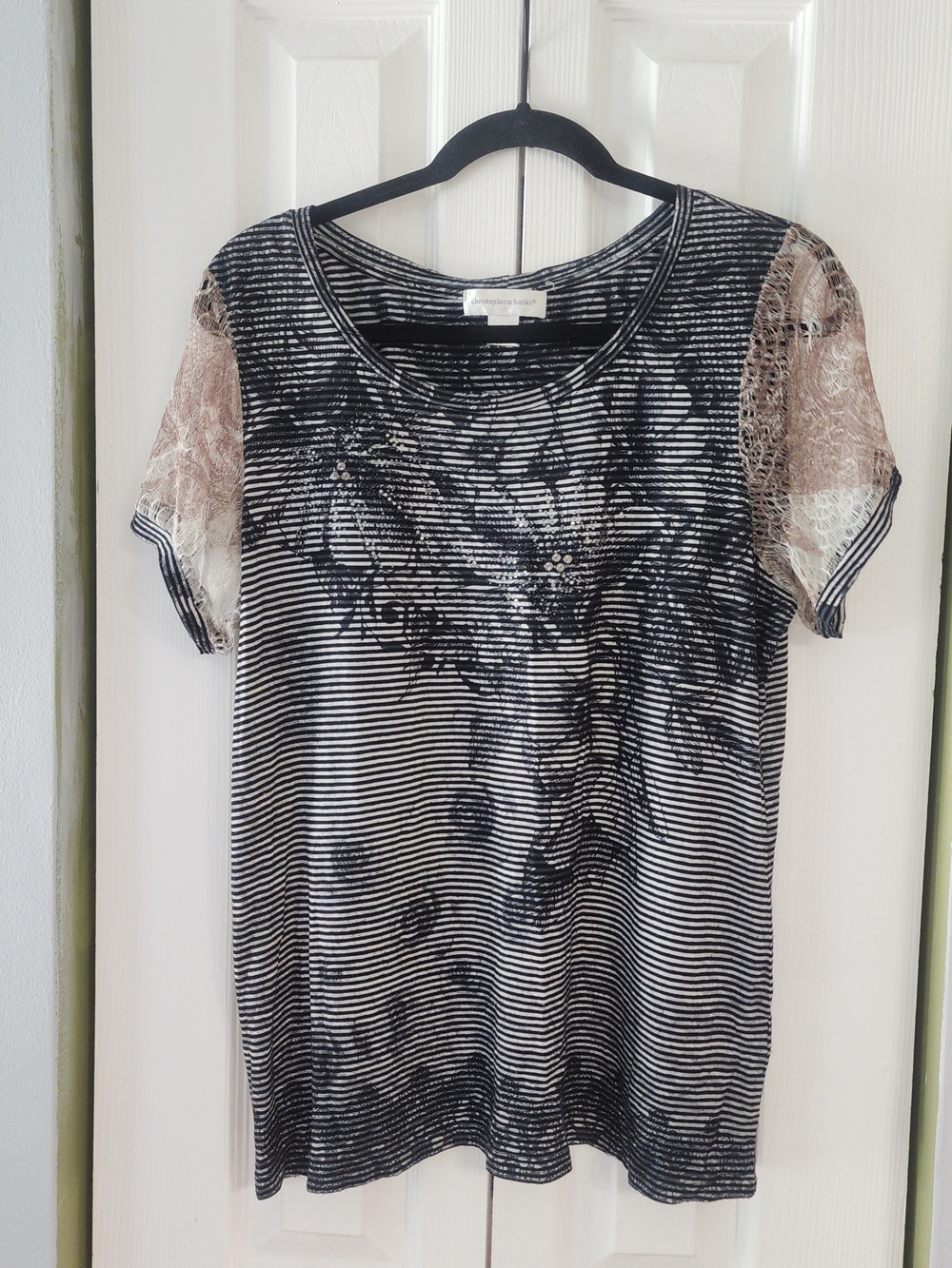 Christopher & Banks Black & White Striped Tee with Lace Accent Sleeves Size XL